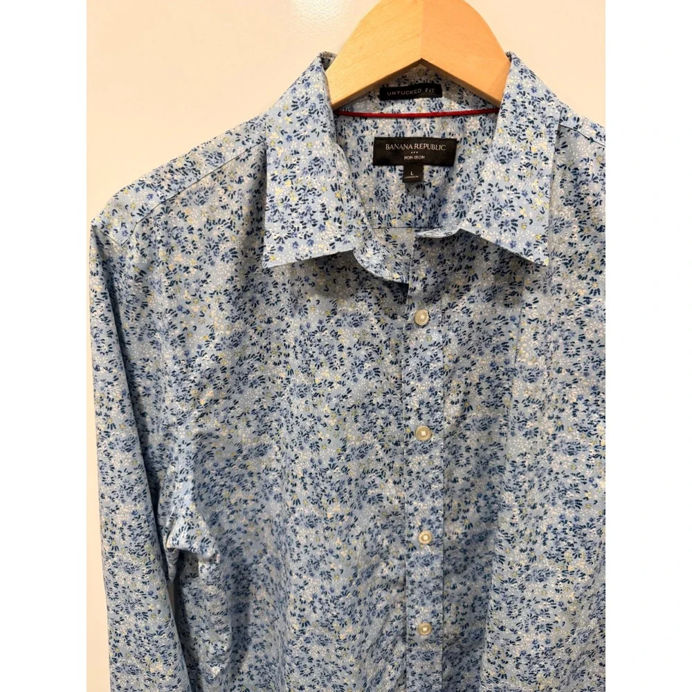 Banana Republic Mens Untucked Fit Non-Iron Floral Shirt Blue White Large L